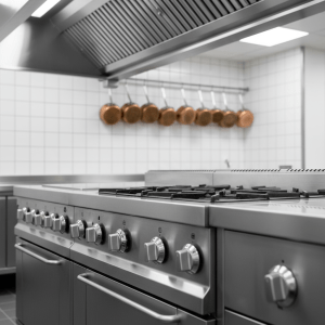 A close-up, photographic view of a meticulously cleaned stainless-steel professional stove and ventilation hood in a restaurant near Bern. The burners, control knobs and metal surfaces are free of grease and fingerprints, with a subtle brushed texture. Overhead LED task lighting creates defined reflections and gentle shadows that highlight the flawless surfaces. In the softly blurred background, tiled walls and a perfectly aligned row of polished pots suggest an organized food prep area. Captured from a slightly low, angled perspective to emphasize the scale and thoroughness of the cleaning, the image feels clinical, hygienic and premium, subtly evoking ISO-standard compliance and expert gastro-hygiene without showing any people or text.
