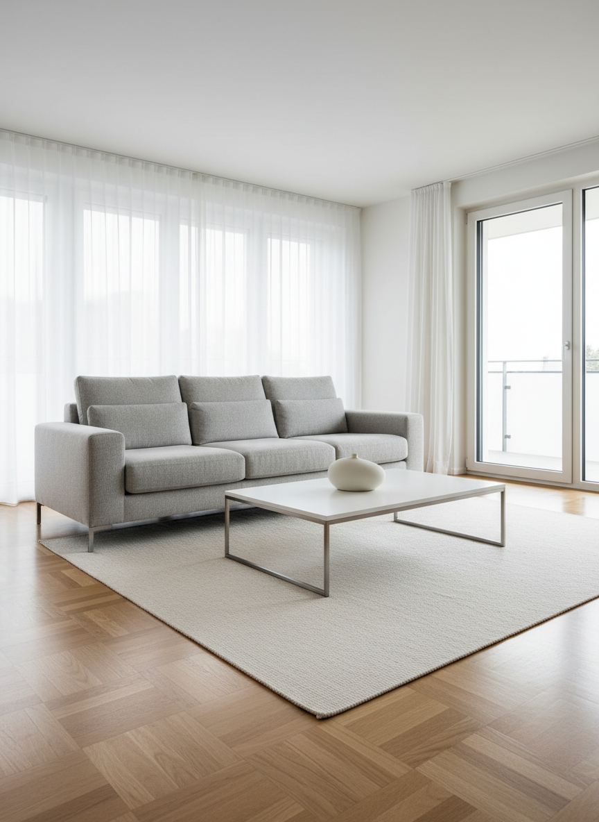 A minimalist, luxury private apartment living room in the Bern region just after a professional deep clean. A light-grey fabric sofa with crisp edges stands on a flawless, dust-free oak parquet floor that reflects soft highlights. A low white coffee table appears spotless, with only a single, closed decorative object on top to avoid visual clutter. Floor-to-ceiling windows with sheer curtains let in diffused daylight, creating gentle, natural shadows and a serene atmosphere. Photographic realism with a slightly wide, eye-level composition shows the entire room, including a streak-free glass balcony door and a perfectly aligned rug. The mood is calm, orderly and premium, visually communicating the quality of private household maintenance cleaning without any visible branding or people.