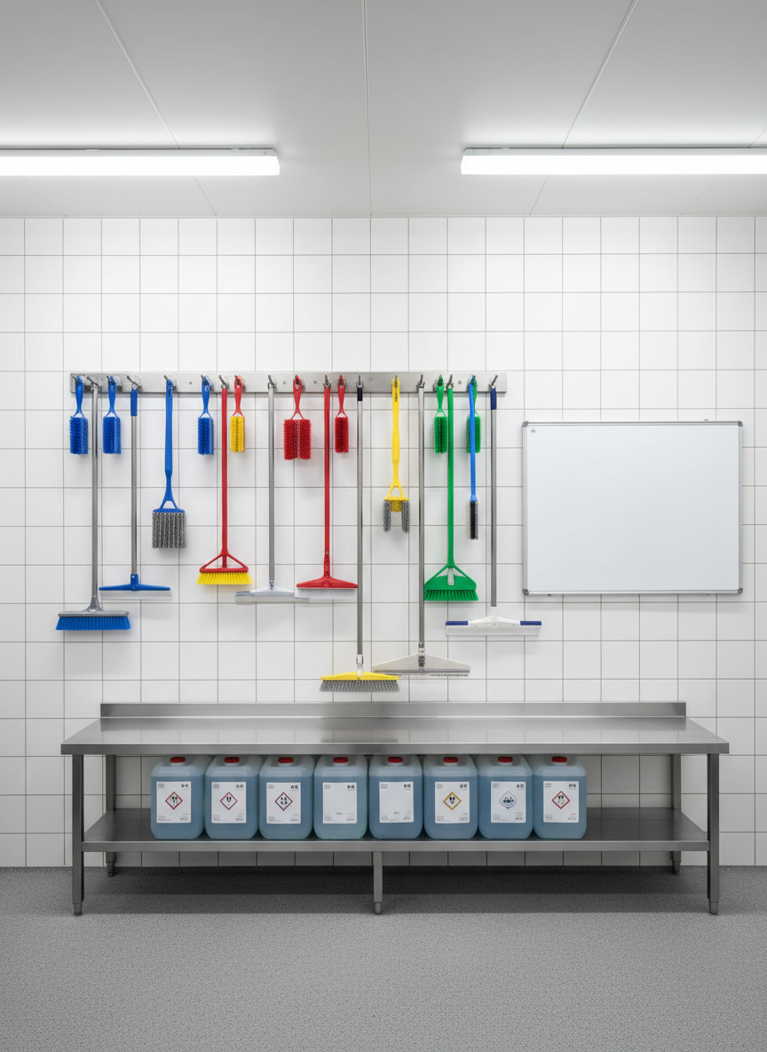 A bright, organized storage and cleaning station dedicated to ISO-compliant gastro-hygiene in a Bern food service facility. Wall-mounted racks hold color-coded, neatly hung cleaning tools, each perfectly spaced, while sealed containers of cleaning agents stand on a stainless-steel shelf with hazard icons turned away to avoid readable text. A laminated-looking, blank white board suggests checklists without showing any wording. Cool, even LED lighting gives the white-tiled walls and grey, slip-resistant floor a clean, clinical appearance. Captured with photographic realism from an eye-level, straight-on angle, the composition is symmetrical and balanced, conveying precision, procedure and reliability. The mood is highly professional and methodical, subtly emphasizing ISO-standard food service cleaning and structured maintenance routines.