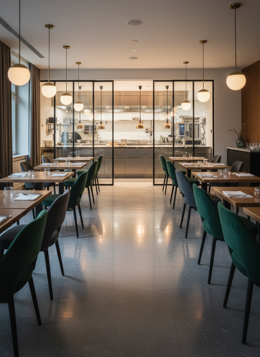 A high-end restaurant dining area in Bern, shown right before service, highlighting the results of professional cleaning. Smooth wooden tables shine subtly without glare, and perfectly aligned upholstered chairs stand on a pristine, freshly mopped stone floor. In the background, a glass partition towards the open kitchen is perfectly clear, reflecting soft warm ceiling lights. The atmosphere is elegant yet hygienic, with no clutter or textiles on tables to keep focus on cleanliness. Photographic realism with an eye-level, slightly diagonal composition draws attention to the spotless floor and carefully spaced furniture. The lighting blends warm ambient fixtures and faint natural daylight from unseen windows, creating a premium, welcoming, hygienic mood consistent with strict gastro-hygiene standards.