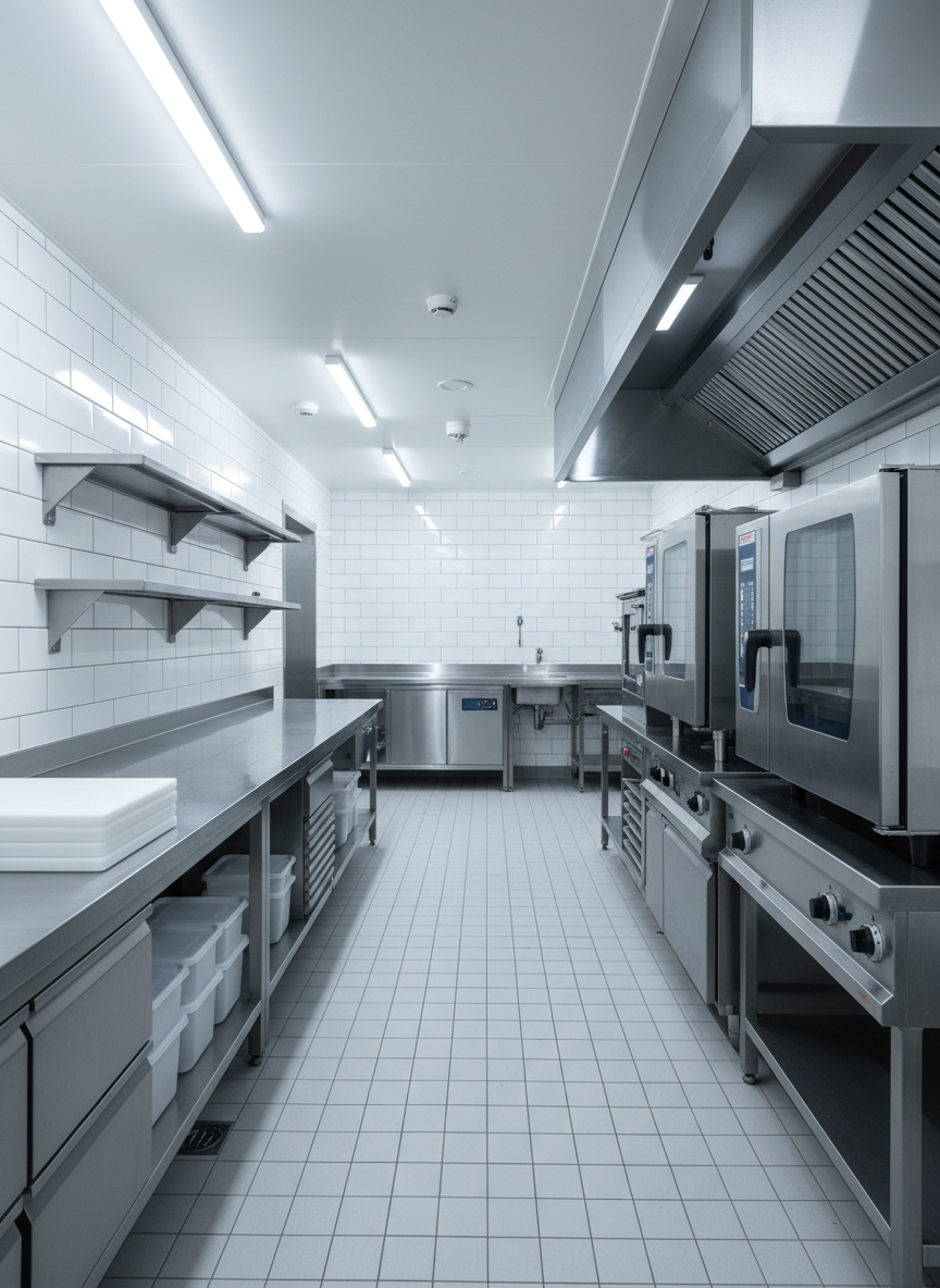 A spotless, modern commercial kitchen in Bern, seen in photographic realism. Stainless-steel worktops, ovens and ventilation hoods gleam, with every surface dry, streak-free and organized. Sanitized cutting boards and neatly arranged, closed containers sit in the foreground, while industrial dishwashers and a handwashing sink with sensor faucet are visible in the background. Cool, bright overhead LED lighting reflects crisply on metal and white tiles, emphasizing cleanliness and ISO-compliant hygiene. Shot at eye level with sharp focus throughout, the composition uses leading lines from counters and floor tiles to draw the eye through the space, creating a professional, trustworthy, premium atmosphere ideal for a high-end cleaning and gastro-hygiene service in the Bern region.